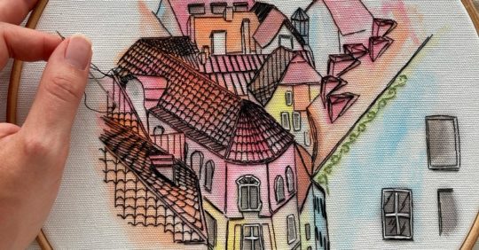 Charles-Henry and Elin Petronella, Elin Petronella - Tallinn, Estonia embroidery, 2021. 25cm diameter (10”). Watercolour painting, backstitch, straight stitch. Cotton fabric, DMC cotton mouliné.
