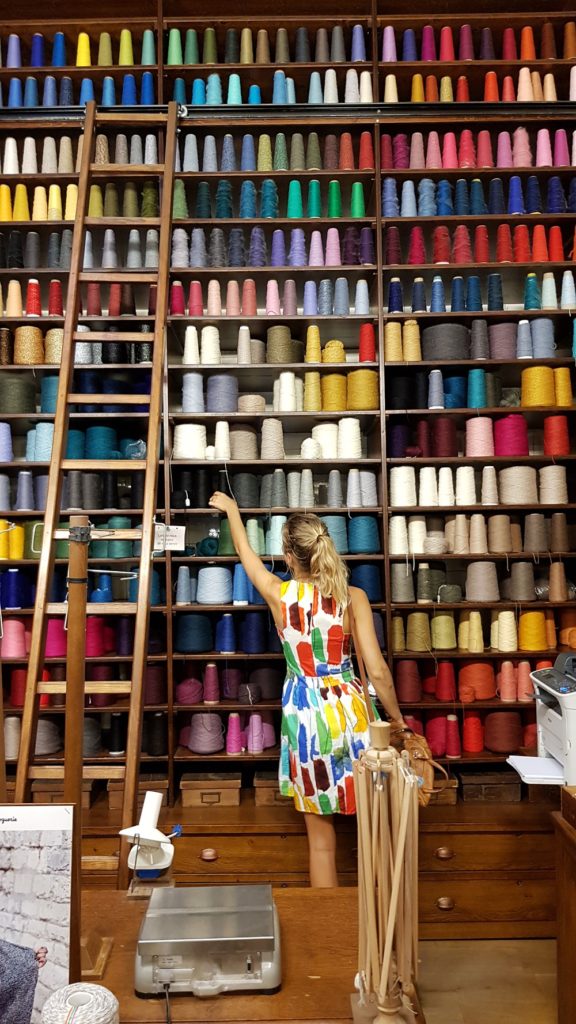 Charles-Henry and Elin Petronella, Elin selecting threads at La droguerie, Paris. 2018.