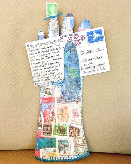 Heléne Forsberg, Hello Stitch Club (from a Stitch Club workshop with Jennifer Collier), 2020. 10cm x 30cm (4" x 12"). Hand stitch through paper. Thread, stamps, paper.