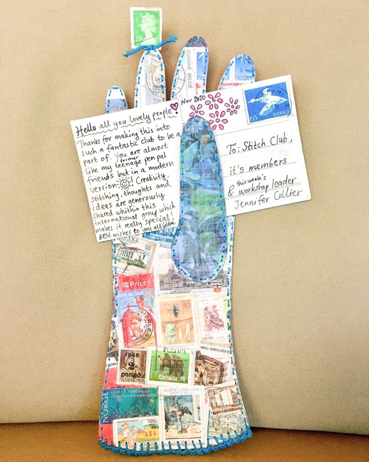 Heléne Forsberg, Hello Stitch Club (from a Stitch Club workshop with Jennifer Collier), 2020. 10cm x 30cm (4" x 12"). Hand stitch through paper. Thread, stamps, paper.