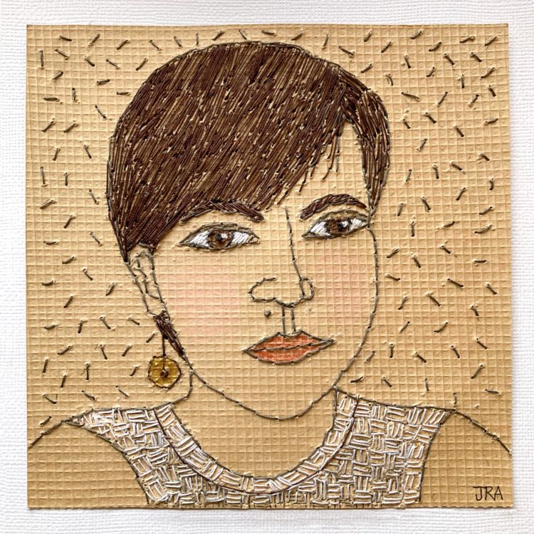 Jean Rill-Alberto, Stitched Meditation 16 – Self-Portrait, 2020. 15cm x 15cm (6" x 6"). Pencil drawing on paper, hand stitch. Woven paper, threads, coloured pencil.