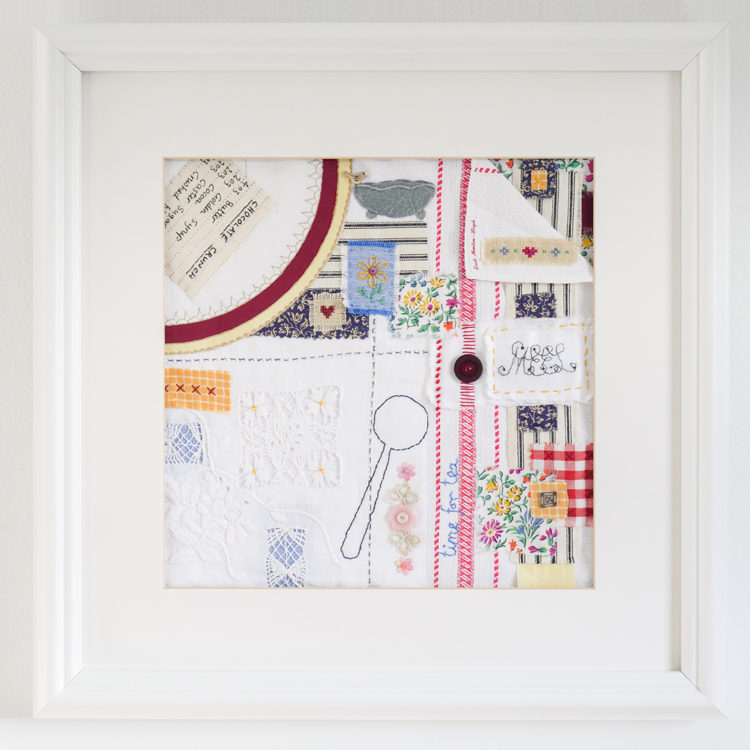 Jane King, Time for Tea, 2021. 28cm x 28cm (11” x 11”). Vintage fabrics and household linens, embroidery threads. Collage, fabric appliqué, hand stitch.