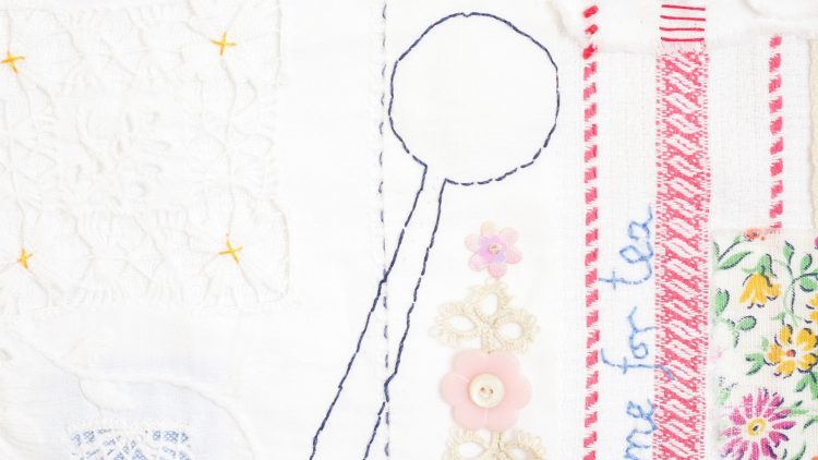 Jane King, Time for Tea (detail), 2021. 28cm x 28cm (11” x 11”). Vintage fabrics and household linens, embroidery threads. Collage, fabric appliqué, hand stitch.