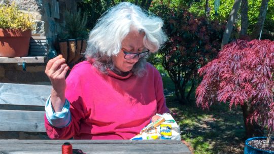 Ali stitching to the sound of swifts overhead in her garden.