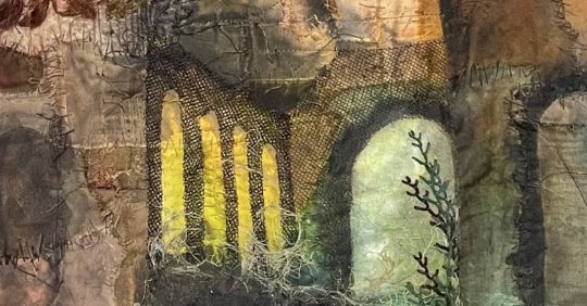 Ruth Norbury, All Pain Is Gone (detail), 2019. 61cm x 85cm (24” x 33.5”). Mixed fabrics, hessian, scrim, ink, dye. Machine and hand stitch.