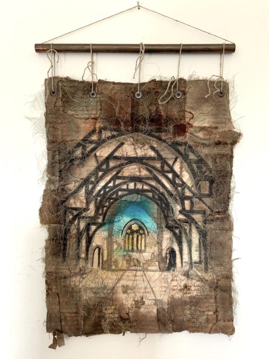 Ruth Norbury, Einsam, 2020. Approximate size 33cm x 56cm (13” x 22”). Mixed fabrics, walnut ink, dye, paper, scrim, ink. Patched fabrics, machine stitch.