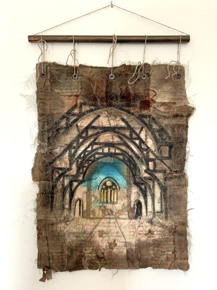 Ruth Norbury, Einsam, 2020.  Approximate size 33cm x 56cm (13” x 22”). Mixed fabrics, walnut ink, dye, paper, scrim, ink. Patched fabrics, machine stitch. 