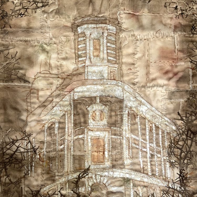 Ruth Norbury, Fading Memories (detail), 2021. Approximate size 47cm x 55cm (18.5” x 21.5”). Mixed fabrics, walnut ink, paper, ink, acrylic paint. Patched fabrics, appliqué.