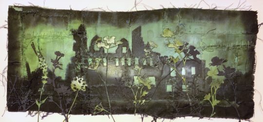 Ruth Norbury, Life Goes On, 2022. 42cm x 22cm (16½​​” x 8½”). Mixed fabrics, paper, scrim, spray paint, paper. Hand and machine embroidery, dyeing, appliqué.
