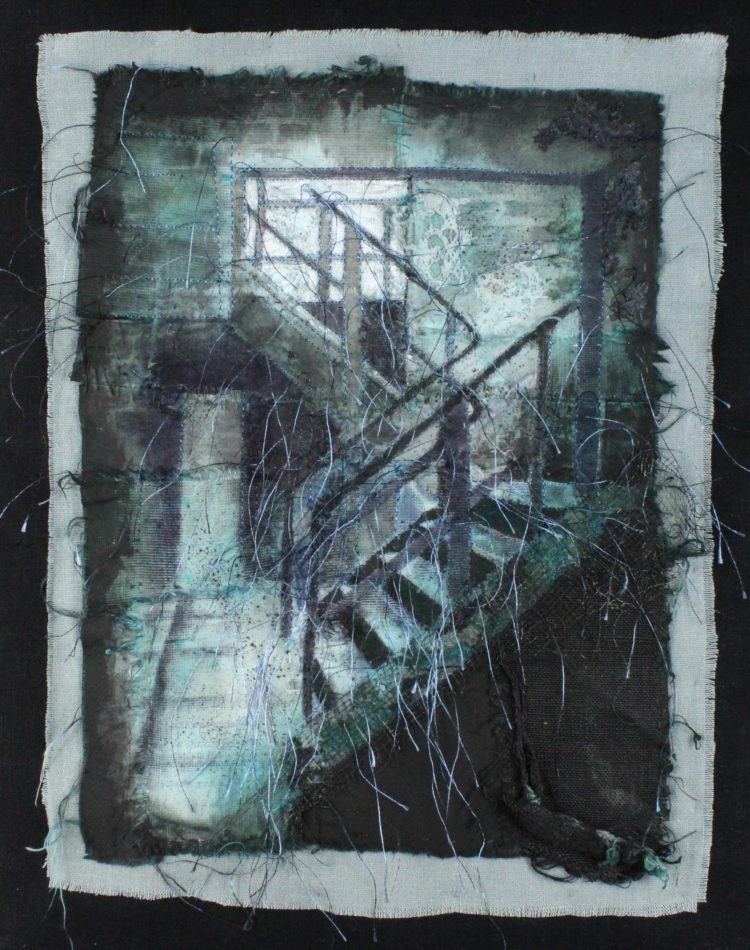 Ruth Norbury, My Damaged Dreams, 2020. Approximate size 30cm x 41cm (12” x 16”). Lutradur, stencils, ink. Machine and hand embroidery, dyeing, appliqué.