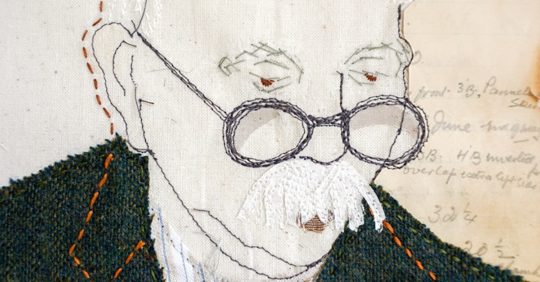 Sandra Rose, My Grandfather – Dadcu (detail), 2020. 23cm x 18cm (9” x 7”). Appliqué, hand stitch and free-motion machine stitch. Calico, vintage wool, embroidery floss, paper.