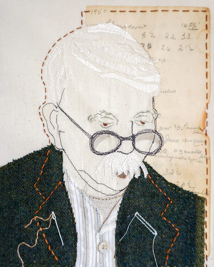 Sandra Rose, My Grandfather – Dadcu, 2020. 23cm x 18cm (9” x 7”). Appliqué, hand stitch and free-motion machine stitch. Calico, vintage wool, embroidery floss, paper.