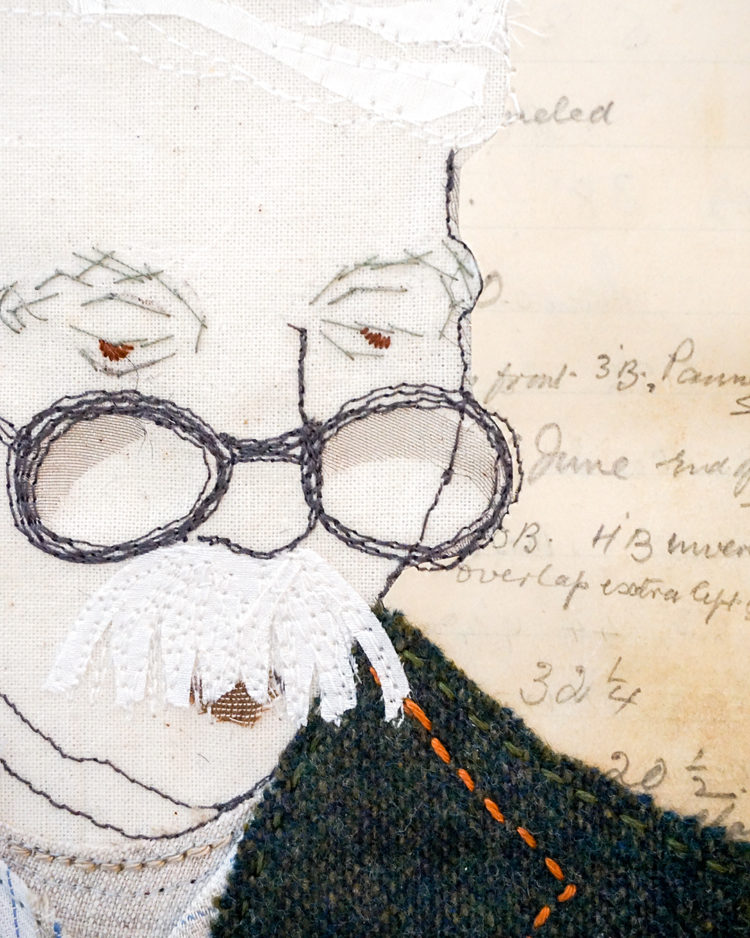 Sandra Rose, My Grandfather – Dadcu (detail), 2020. 23cm x 18cm (9” x 7”). Appliqué, hand stitch and free-motion machine stitch. Calico, vintage wool, embroidery floss, paper.