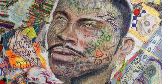 Oliver Bliss, Artist/Activist, 2021. 147cm x 97cm (58" x 38"). Machine stitch, hand stitch, appliqué. Cotton, African wax print fabrics, recycled fabrics, hand-dyed fabric, fabric paints, mixed threads. Photo: Gerard Hughes.