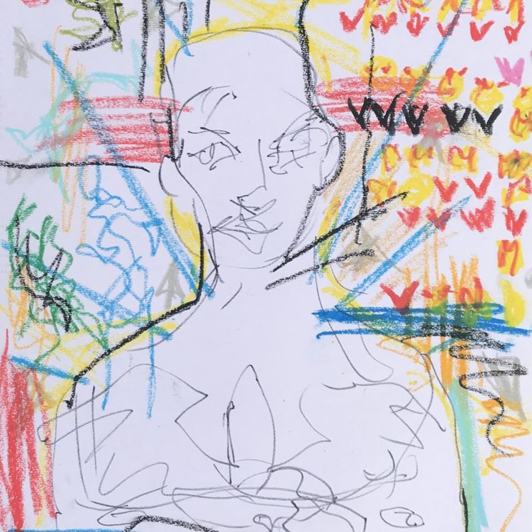 Oliver Bliss, Hardcore Vibes (sketch), 2021. 42cm x 60cm (17" x 23"). Colour blocking. Oil pastel, biro. 