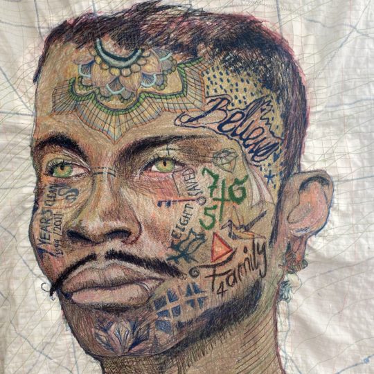 Oliver Bliss, Artist/Activist (work in progress), 2021. 100cm x 90cm (39" x 35"). Machine stitch, hand stitch, appliqué. Cotton, African wax print fabrics, recycled fabrics, hand-dyed fabric, fabric paints, mixed threads.