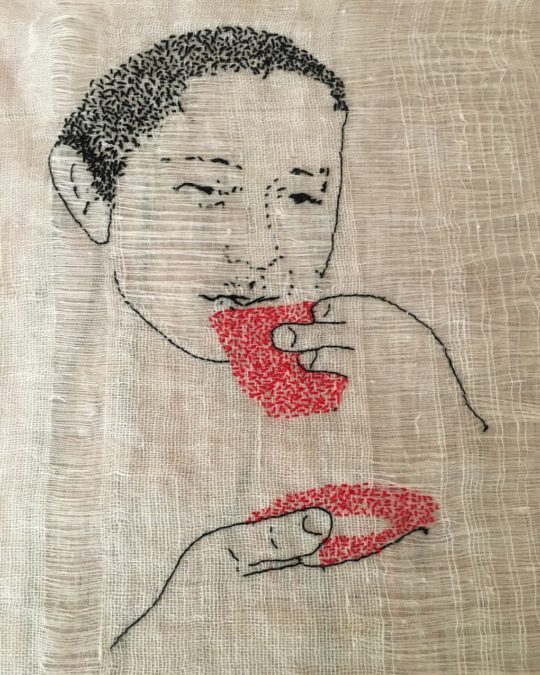 Joy Denise Scott, Stitching sorrow into flesh (front), 2019. 36cm x 36cm (14” x 14”). Embroidery and drawn thread work on linen. Photo: Jae Criddle