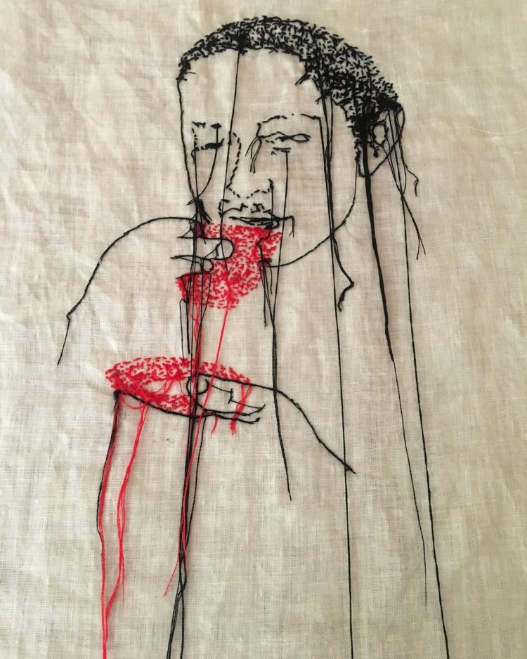 Joy Denise Scott, Stitching sorrow into flesh (back), 2019. 36cm x 36cm (14” x 14”). Embroidery and drawn thread work on linen. Photo: Jae Criddle