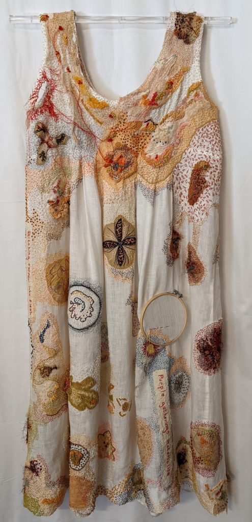 Joy Denise Scott, Real bodies have their lives stitched into them: Burial gown (front view), 2022. 126cm x 45cm (50” x 18”). Embroidery on artist’s worn linen frock, silk, lace, linen, cotton, mulberry bark and embroidery threads. Photo: Dianne Smith