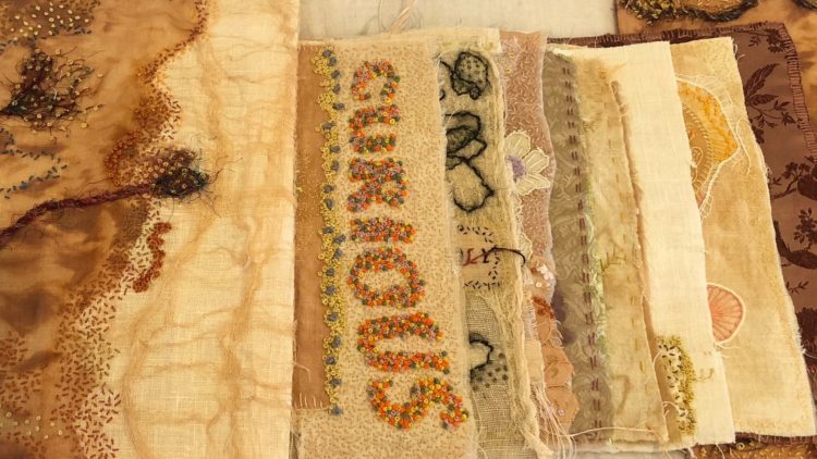 Joy Denise Scott, Book of Feeling, 2021. 110cm x 28cm (43” x 11”). Embroidery, appliqué, pulled thread and bead work on eco-dyed silk, linen and recycled materials. Photo: Jae Criddle