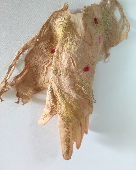Joy Denise Scott, Feeling my way into meaning, 2020. 50cm x 50cm (20” x 20”). Embroidery and appliqué on eco-dyed mulberry bark, silk and cotton. Photo: Jae Criddle