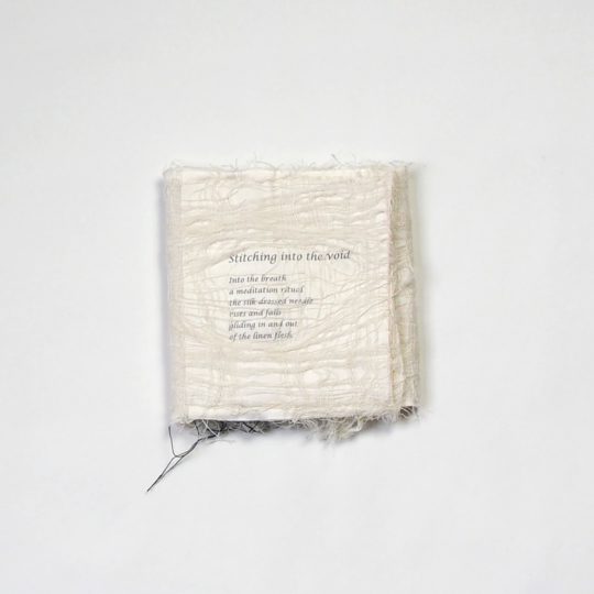 Joy Denise Scott, Grief Series: Stitching into the void (book cover), 2021. 11.4cm x 15cm (4” x 6”). Embroidery, appliqué and drawn thread work on cotton organdy. Photo: Jae Criddle.