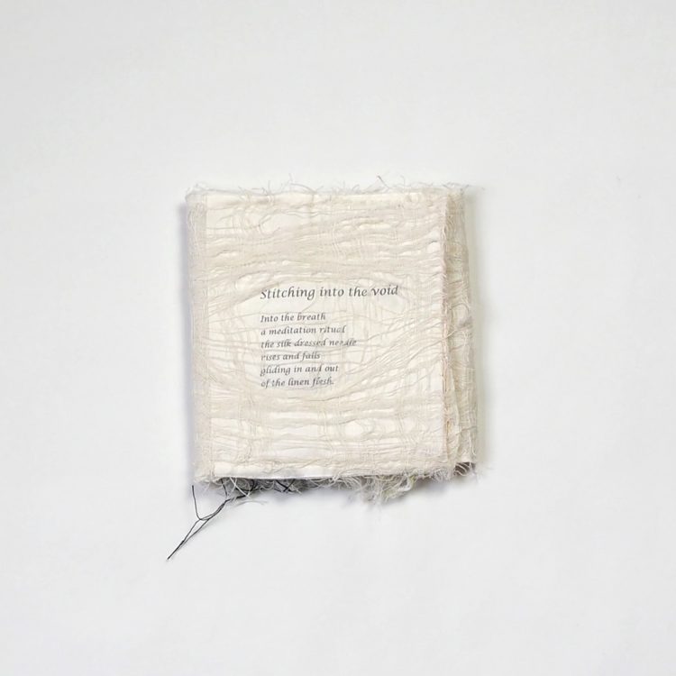 Joy Denise Scott, Grief Series: Stitching into the void (book cover), 2021. 11.4cm x 15cm (4” x 6”). Embroidery, appliqué and drawn thread work on cotton organdy. Photo: Jae Criddle.