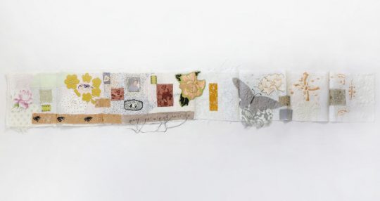 Joy Denise Scott, Grief Series: Stitching into the void (folded out pages), 2021. 11.4cm x 15cm (4” x 6”). Embroidery, appliqué and drawn thread work on cotton organdy. Photo: Jae Criddle.