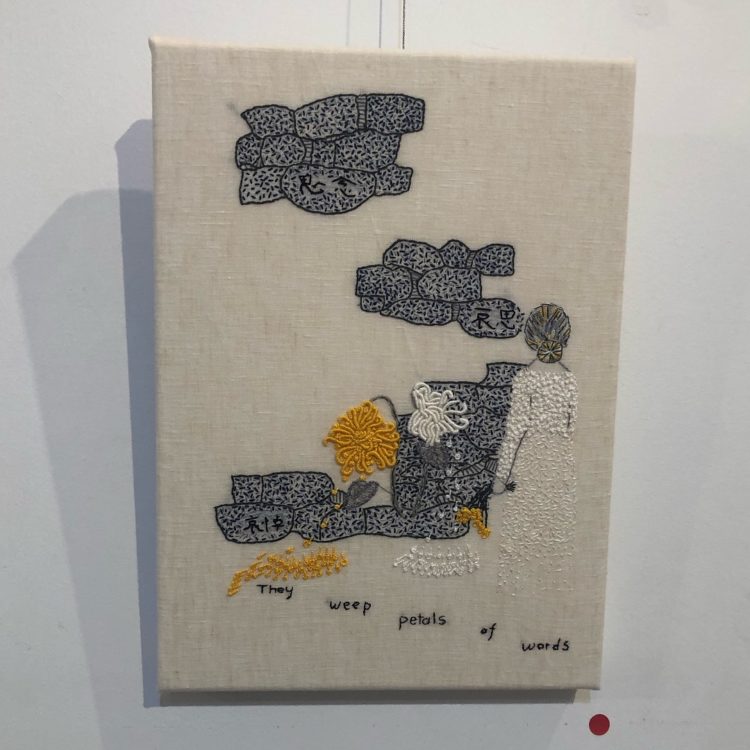 Joy Denise Scott, Grief Series: Wall of grief, 2021. 25.5cm x 35.5cm (10” x 20”). Embroidery on linen.