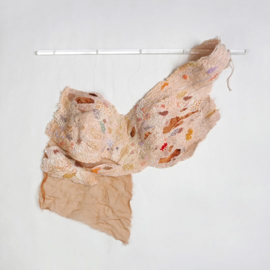 Joy Denise Scott, What lies beneath my breast, 2021. 59cm x 48cm (23” x 19”). Embroidery and appliqué on eco-dyed mulberry ark, silk organza, silk habatoi and cotton. Photo: Jae Criddle