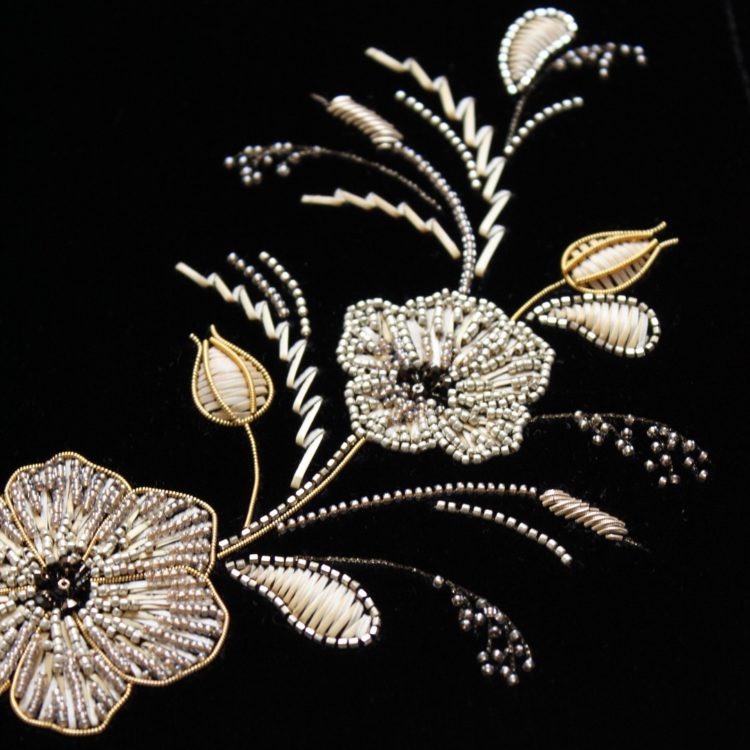 Claire de Waard, Wild Flora (detail), 2021. 15cm x 20cm (6" x 8"). Straw embroidery, beading, tambour embroidery, goldwork. Straw, seed beads, crystal beads, goldwork threads, wool padding.