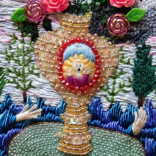 Livia Papiernik, Trapped in a Vase of Roses (detail), 2022. 16cm x 21cm (6" x 8"). Goldwork, embroidery, patchwork and stumpwork. Satin and cotton thread, glass beads, recycled plastic beads, metal thread.