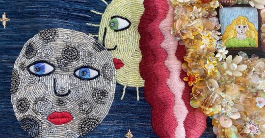 Livia Papiernik, Diary of my Subconscious (detail), 2022. 59cm x 41cm (23" x 16"). Crewel work, stumpwork embroidery and beading. Wool, satin, and cotton threads, sequins, glass beads, linen fabric.