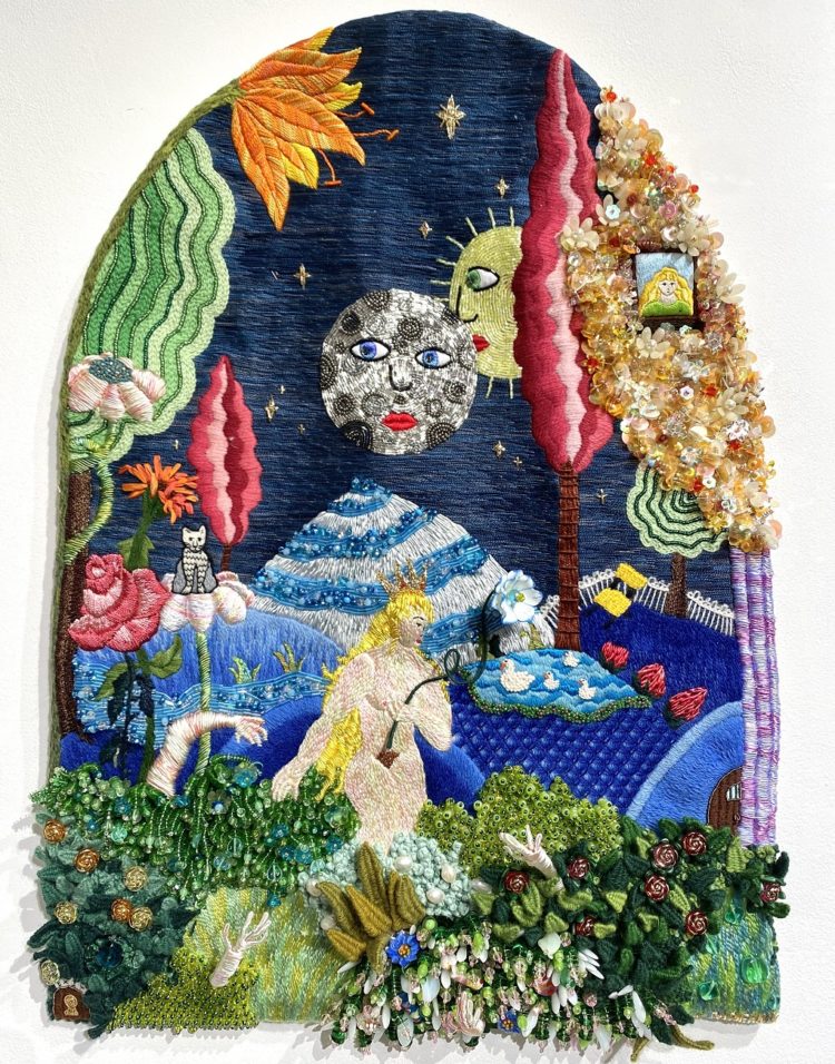 Livia Papiernik, Diary of my Subconscious, 2022. 59cm x 41cm (23" x 16"). Crewel work, stumpwork embroidery and beading. Wool, satin, and cotton threads, sequins and glass beads, linen fabric.