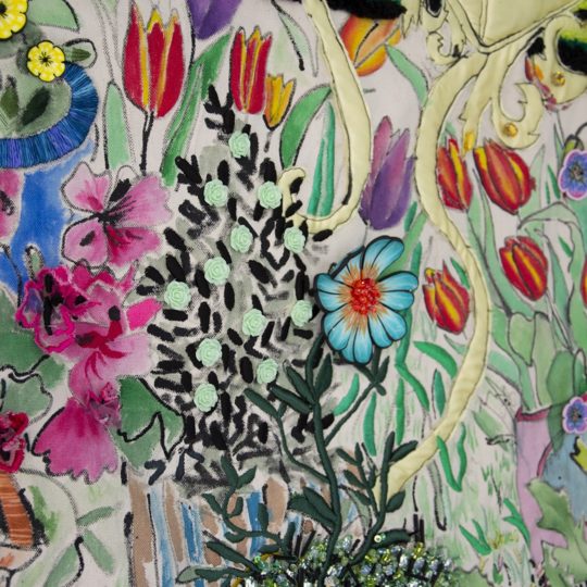 Livia Papiernik, I Wish I Was a Flower (detail), 2021. 1.8m x 1.5m (71" x 59"). Painting, patchwork, machine and hand embroidery. Canvas, satin fabric, wool, variety of threads, handmade beads, glass beads, sequins.