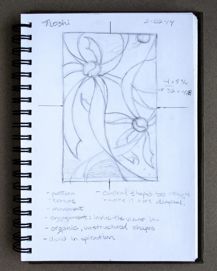 April Sproule, Noshi Production Sketch, 2014. 20cm x 25cm (8” x 10”). Production drawing to scale. Sketchbook.