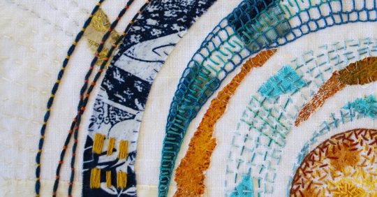 April Sproule, Stitching in the Round (detail), 2022. 30cm x 30cm (12” x 12”). Hand appliqué and embroidery. Linen, silk, sumi ink, painted papers, handmade cording, cotton embroidery floss.