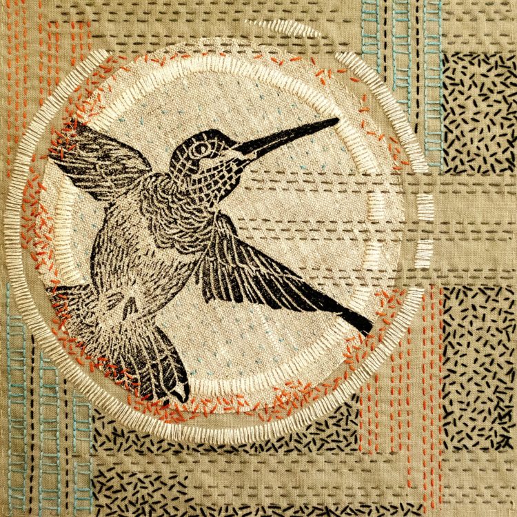 April Sproule, Boro Stitched Hummingbird, 2020. 23cm x 23cm (9” x 9”). Hand appliqué and embroidery, block printing. Linen, printing ink, cotton embroidery floss.