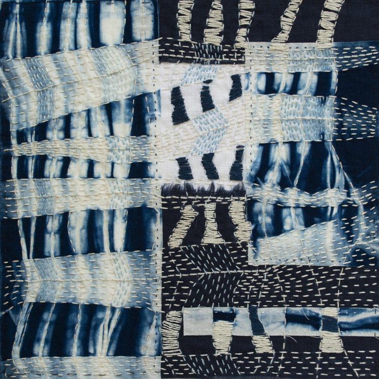 April Sproule, Indigo Japanese Shibori and Boro, 2020. 23cm x 23cm (9” x 9”). Hand appliqué and embroidery. Hand-dyed indigo shibori cotton, linen, cotton embroidery floss.