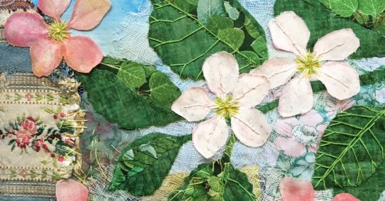 Heléne Forsberg, Apple Blossom, 2020. 27cm x 33cm (11" x 13"). Hand stitch, appliqué, paint. Cotton fabric. Merill Comeau, Experiment with Expressive Stitch.