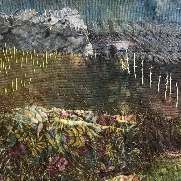 Heléne Forsberg, Beautiful Nature Scenery, 2020. 18cm x 15cm (7" x 6"). Momigami, hand stitch. Linen fabric, papers, threads. Cas Holmes, Momigami Landscapes.