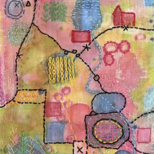 Heléne Forsberg, Colourful Map Adventure (detail), 2020. 16cm x 37cm (6" x 15"). Painting, hand stitching. Linen fabric, textile and acrylic paint, various threads. Gregory T Wilkins, Ordinary to Extraordinary.