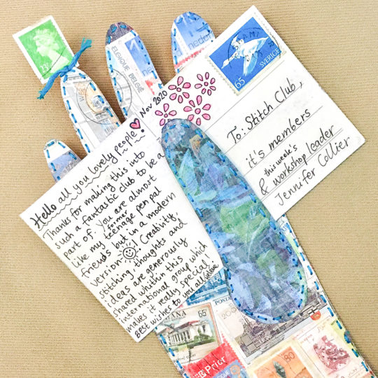 Heléne Forsberg, Hello Stitch Club, 2020. 10cm x 30cm (4" x 12"). Hand stitch through paper. Thread, stamps, paper. Jennifer Collier Stitched Paper Glove Project.