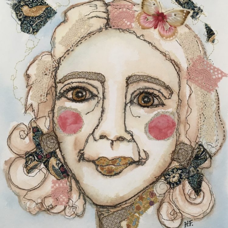 Heléne Forsberg, Imaginary Portrait of an 18th Century Man (detail), 2020. 28cm x 33cm (11" x 13"). Free motion machine stitch on paper, hand appliqué, painting. Paper, fabrics, watercolour paint, acrylic paint, lace. Ailish Henderson, Stitched Collaged Portraits.