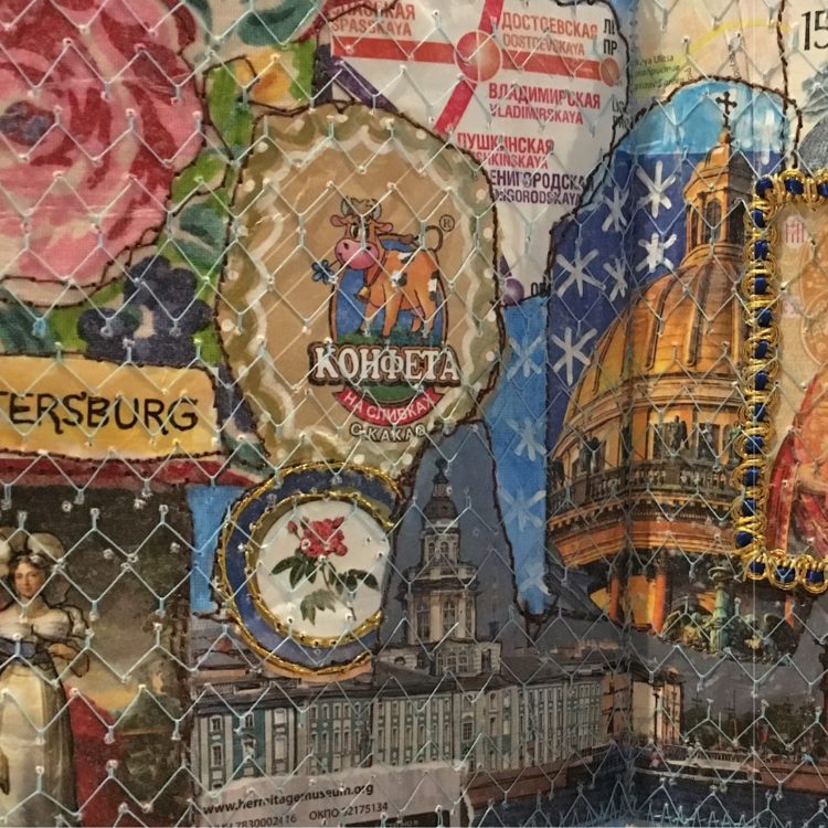 Heléne Forsberg, Memories of Weekend in St Petersburg (detail), 2020. 14cm x 24cm (6" x 10"). Collaged and glued paper on fabric, machine stitch, hand stitch. Ephemera: tickets, map, brochures; old stamp, fabric, tissue paper, sewing thread. Anne Kelly, Mapping Your Journey.