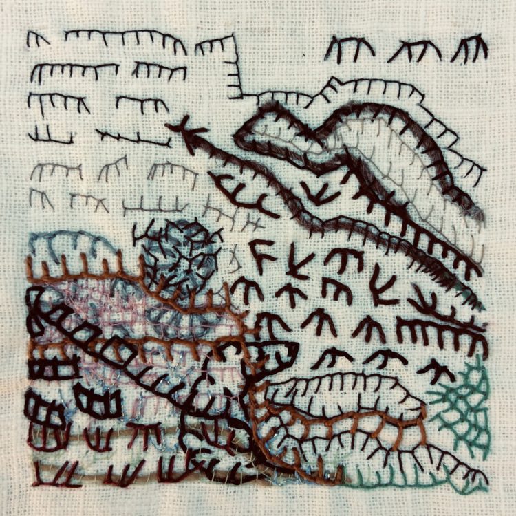 Heléne Forsberg, Secret Message From The Past, 2020. 11cm x 11cm (4" x 4"). Hand stitch with blanket stitch. Linen fabric, various threads. Julie B Booth, Exploring the Blanket Stitch.