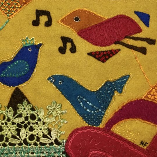 Heléne Forsberg, Singing Birds (detail), 2020. 20cm x 15cm (8" x 6"). Hand stitch, appliqué. Wool, lace, various threads. Sabine Kaner, Mixed Media Abstract Patterns.