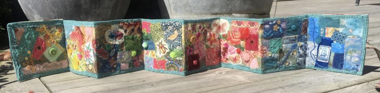 Heléne Forsberg, Wonderful Summer (full), 2020. 12cm x 96cm (5" x 38"). Hand stitch, appliqué. Various fabrics, lace, beads, buttons, threads. Mandy Pattullo, Fabric Concertina Book.