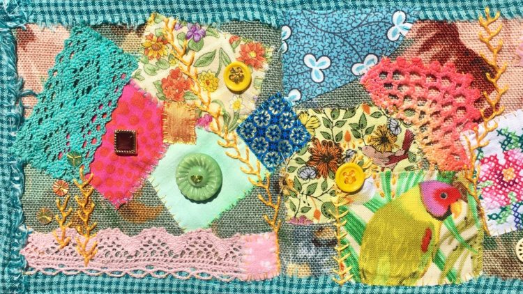 Heléne Forsberg, Wonderful Summer, Part 1, 2020. 12cm x . Hand stitch, appliqué. Various fabrics, lace, beads, buttons, threads. Mandy Pattullo, Fabric Concertina Book.