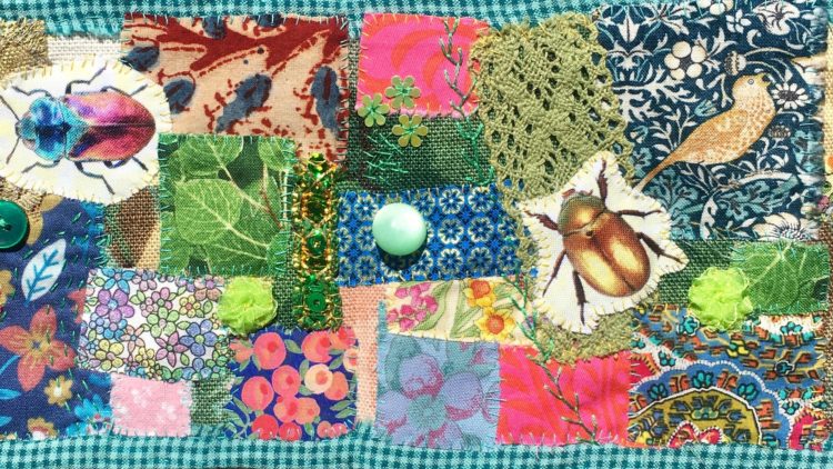 Heléne Forsberg, Wonderful Summer, Part 2, 2020. 12cm x 24cm (5" x 10"). Hand stitch, appliqué. Various fabrics, lace, beads, buttons, threads. Mandy Pattullo, Fabric Concertina Book.